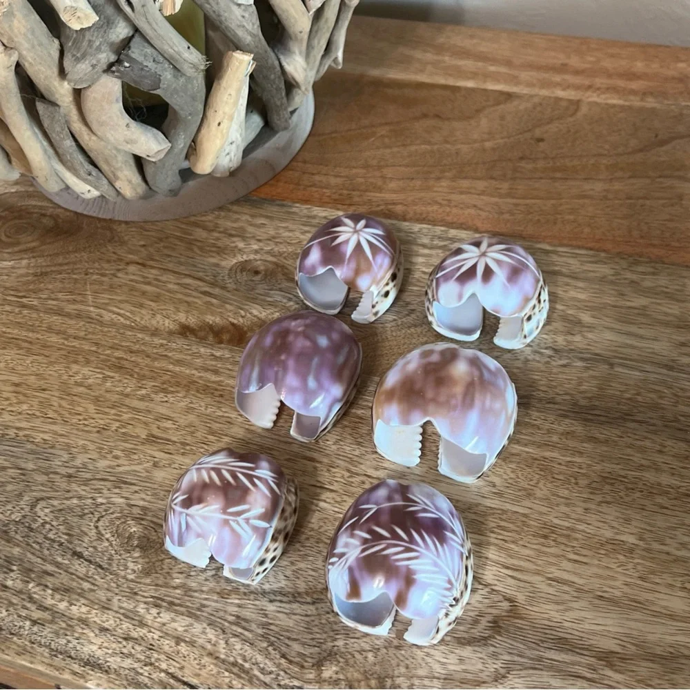 Carved Cowrie Shell set of 6, Napkin Holder Rings Purple Floral Sea Shells
